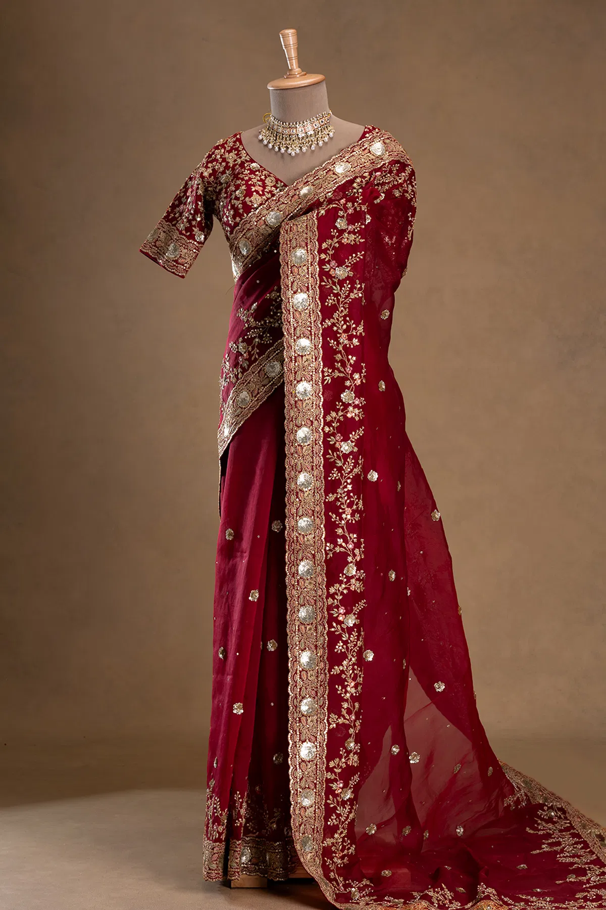 Maroon organza designer saree with embroidery